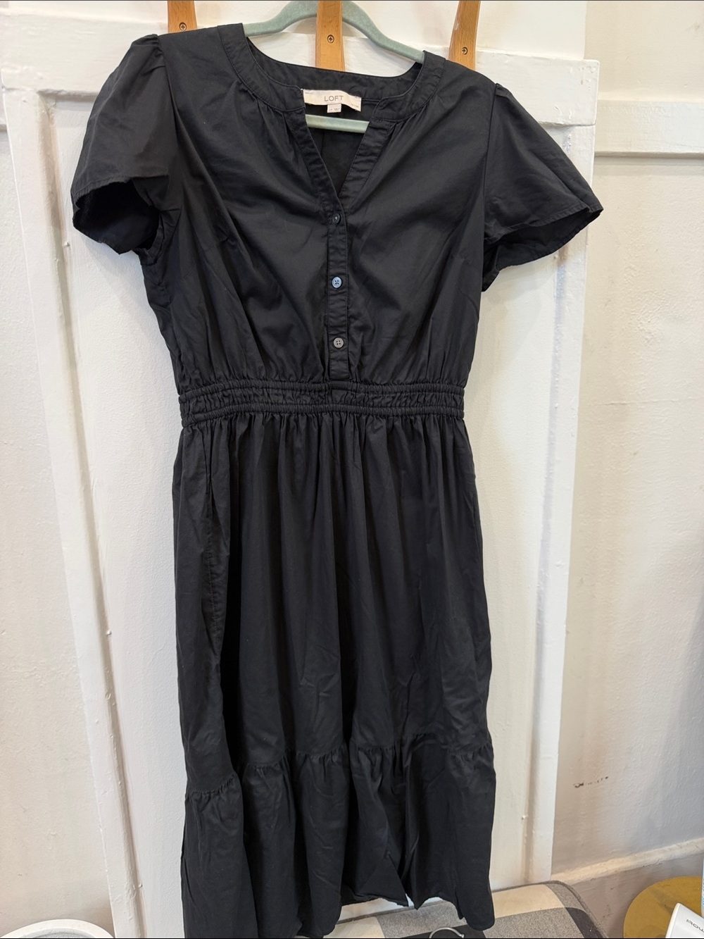 LOFT Black Short-Sleeve Smocked-Waist Midi Dress